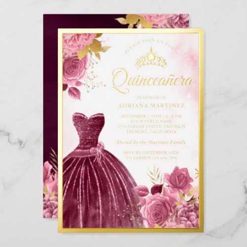 Dusty Pink Floral Plum Gown Quinceanera Gold Foil Invitation