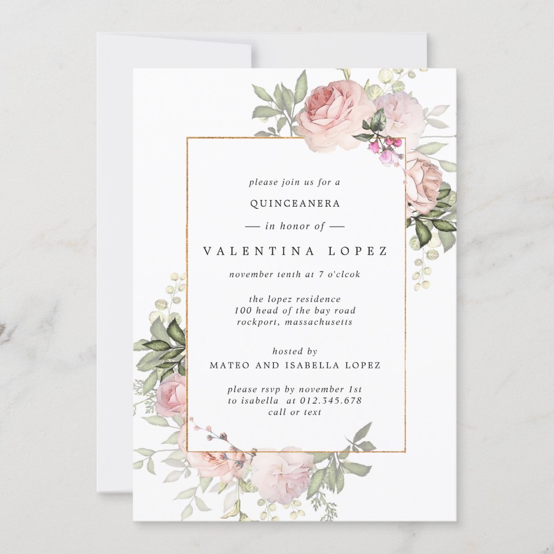 Dusty Pink Floral Quinceanera Invitation | Zazzle