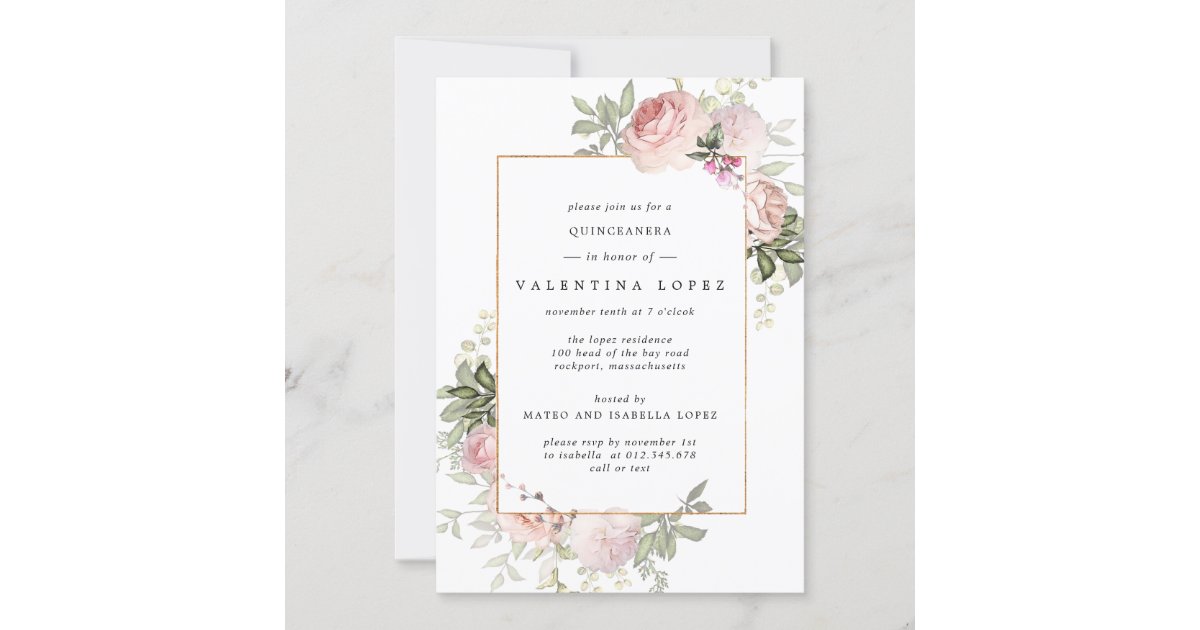 Dusty Pink Floral Quinceanera Invitation | Zazzle