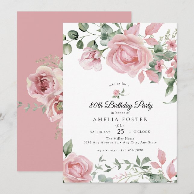 Dusty Pink Floral Roses Birthday Invitation (Front/Back)