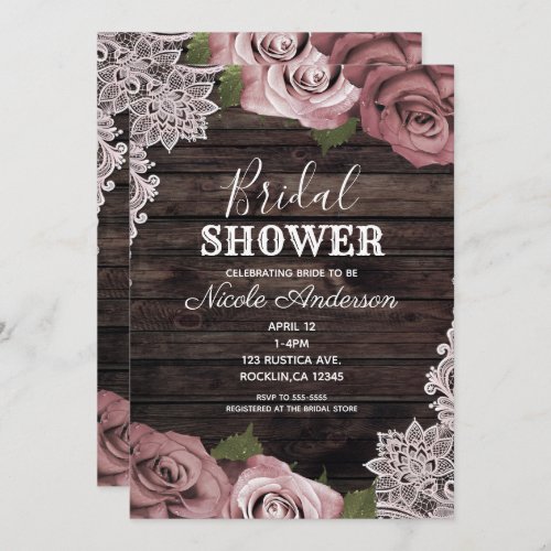 Dusty Pink Floral Roses Rustic Wood Bridal Shower Invitation