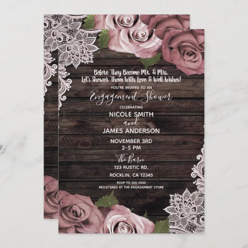 Dusty Pink Floral Roses Rustic Wood Engagement Invitation