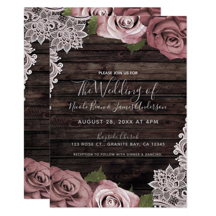 Dusty Pink Floral Roses Rustic Wood Lace Wedding Invitation Zazzle Com