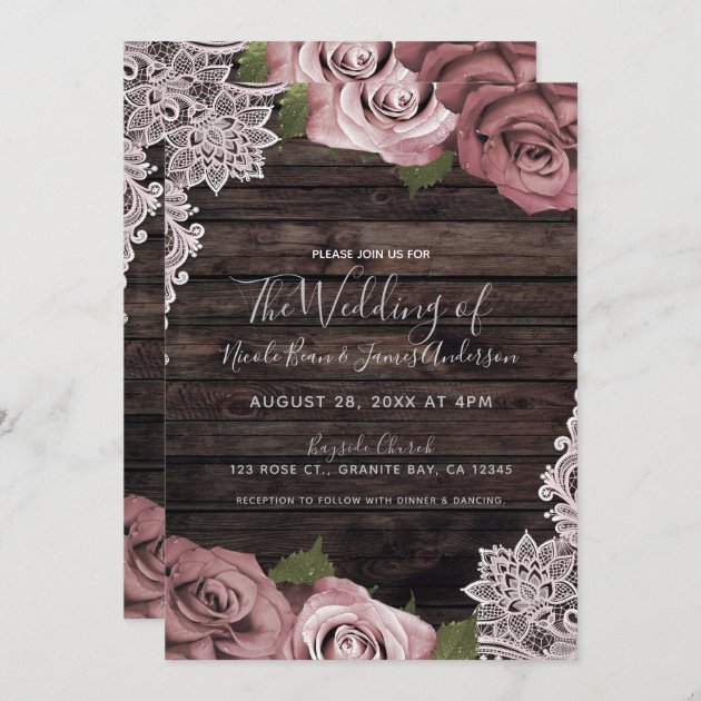 Personalized Wedding Invitations Card Purple Rose Flower Gold Hearts Floral Lace 