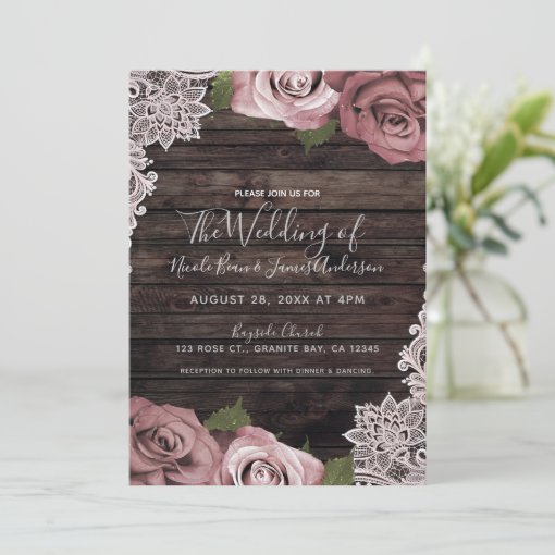 Dusty Pink Floral Roses Rustic Wood & Lace Wedding Invitation | Zazzle