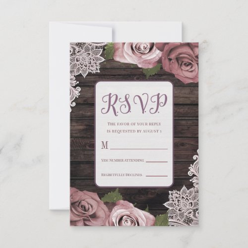 Dusty Pink Floral Roses Rustic Wood  Lace Wedding RSVP Card