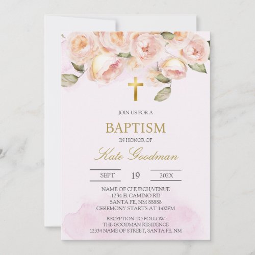 Dusty pink floral Spanish baptism Invitation