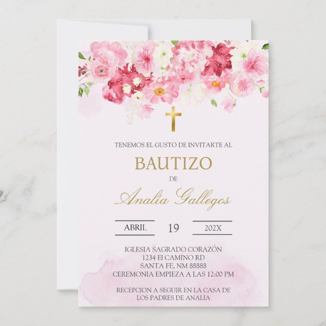 Dusty pink floral Spanish baptism Invitation (Front)