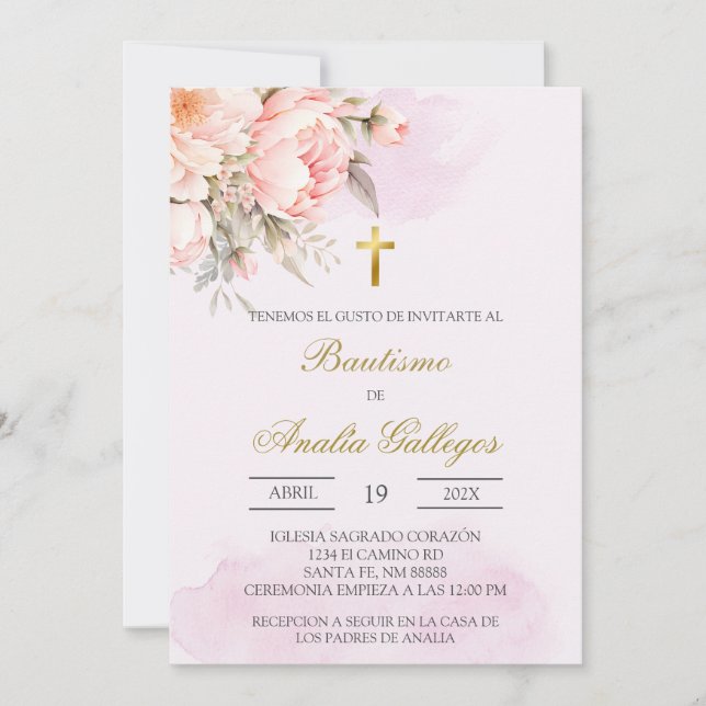 Dusty pink floral Spanish baptism Invitation (Front)