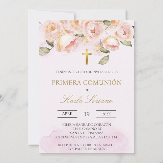 Dusty pink floral Spanish first communion  Invitation (Front)