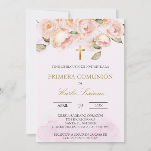 Dusty pink floral Spanish first communion  Invitation
