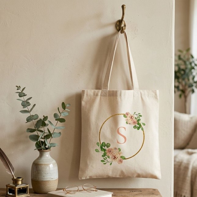 Dusty Pink Floral Spring greenery Name Monogram Tote Bag (Creator Uploaded)