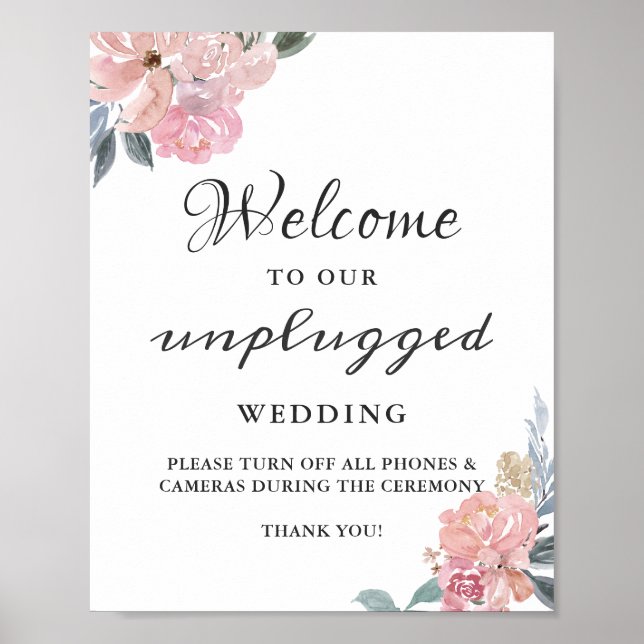 Dusty Pink Floral Unplugged Wedding Sign (Front)