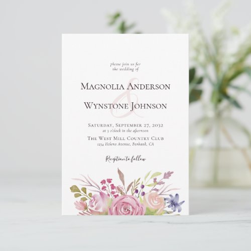 Dusty Pink Floral Watercolor  Ampersand Wedding Invitation