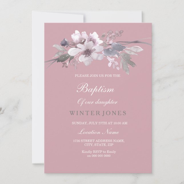 Dusty Pink Floral Watercolor Baptism Invitation (Front)