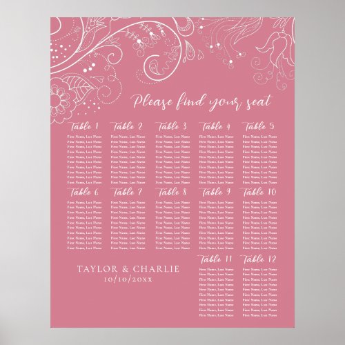 Dusty Pink Floral Wedding 12 Tables Seating Chart