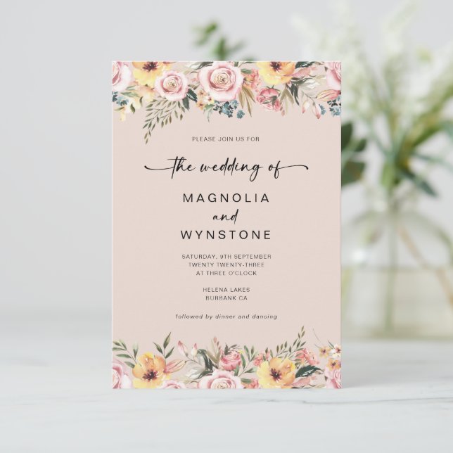 Dusty Pink Floral Wedding Invitation (Standing Front)