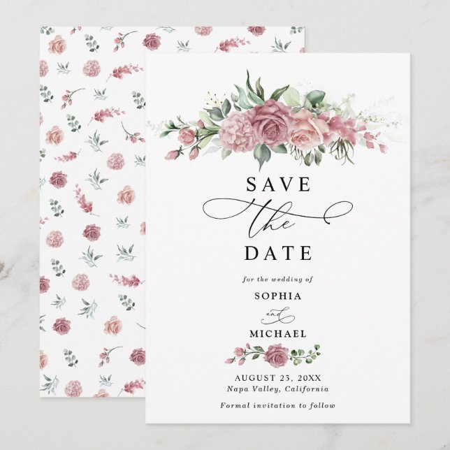 Dusty Pink Floral Wedding Save The Date  Invitation (Front/Back)