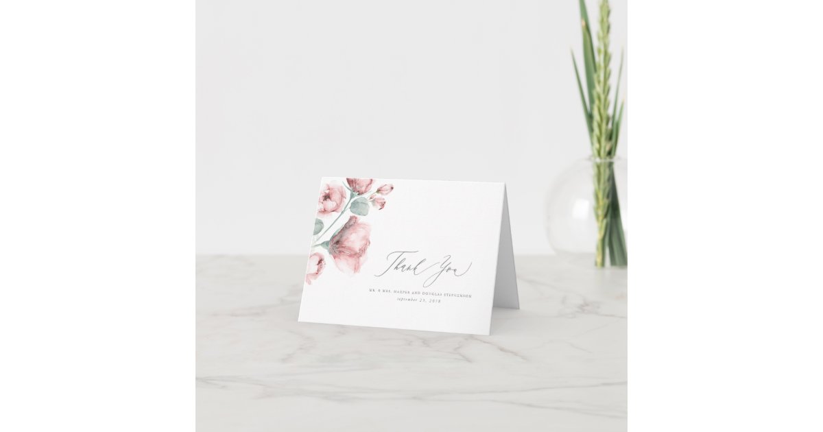 Dusty Pink Floral Wedding Thank You Card | Zazzle