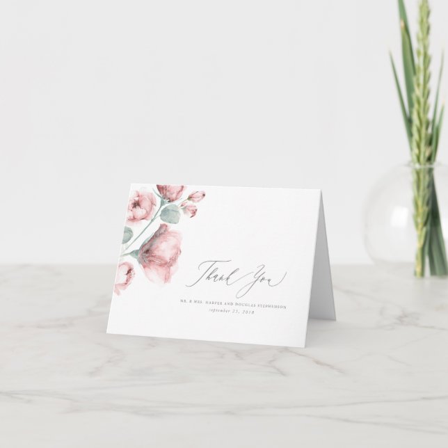 Dusty Pink Floral Wedding Thank You Card (Front)