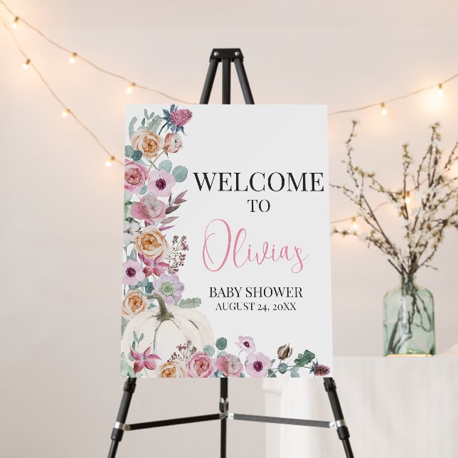 Dusty Pink Floral White Pumpkin Welcome Sign (In Situ (Stand))