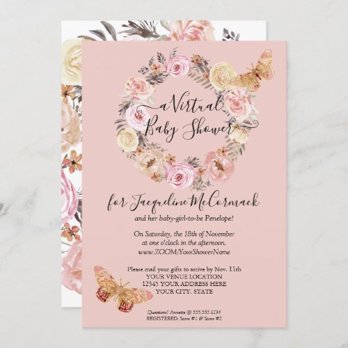 Dusty Pink Floral Wreath Butterfly Virtual Shower Invitation