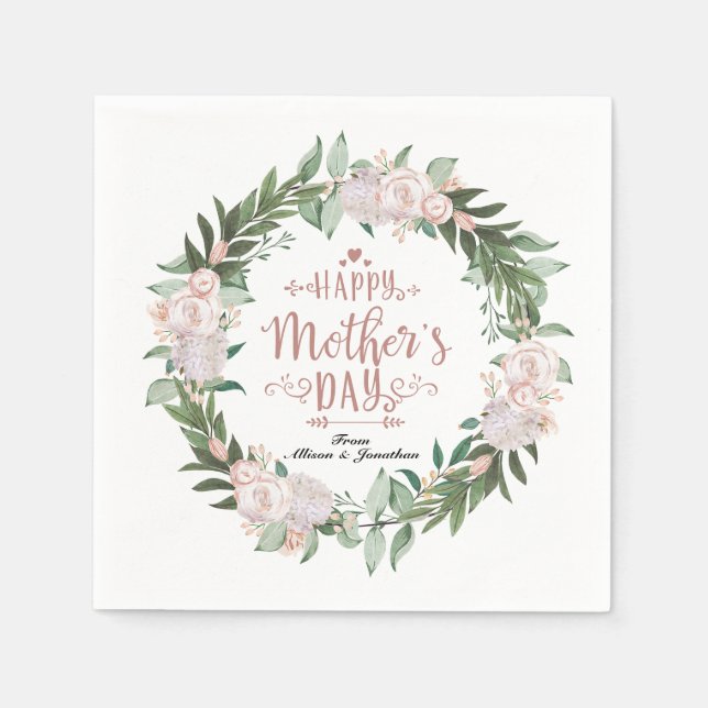 Dusty Pink Floral Wreath Happy Mothers Day Napkins (Front)