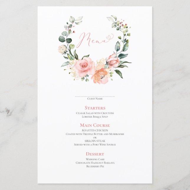 Dusty Pink Floral Wreath Wedding Menu (Front)