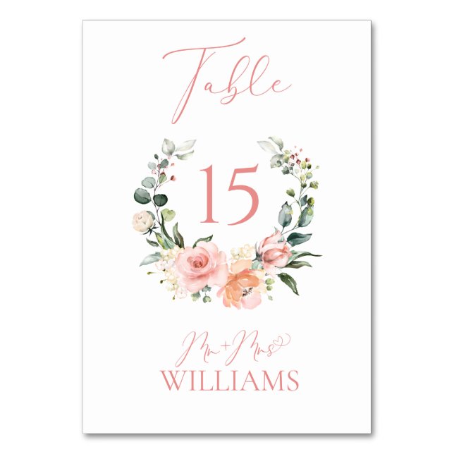 Dusty Pink Floral Wreath Wedding Table Number (Back)