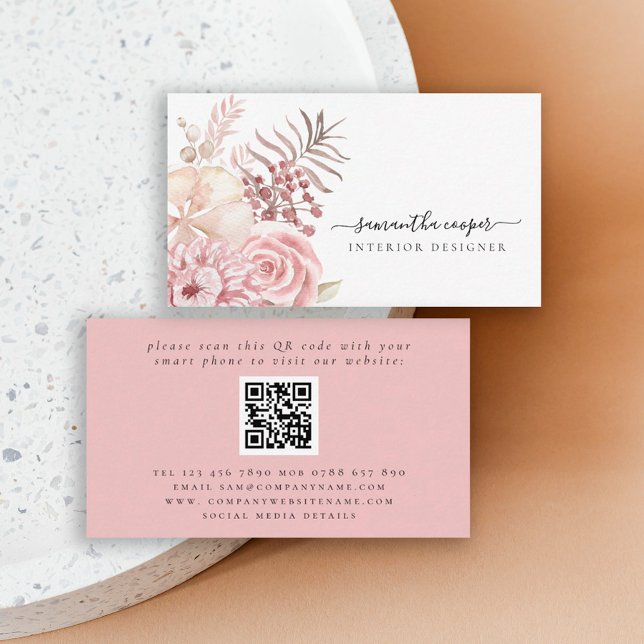 Dusty Pink Florals QR Code Interior Designer Business Card (Creator Uploaded)
