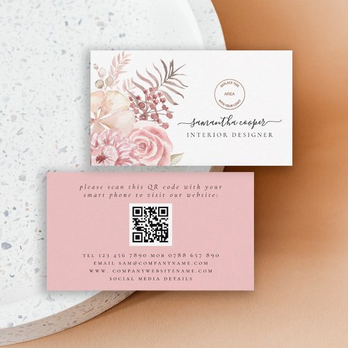 Dusty Pink Florals QR Code Logo Interior Designer Business Card