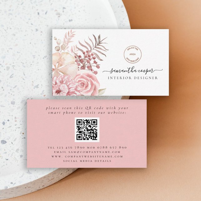 Dusty Pink Florals QR Code Logo Interior Designer Business Card (Creator Uploaded)