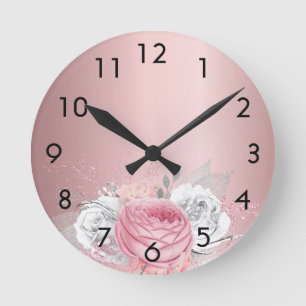 Dusty pink florals roses white elegant round clock
