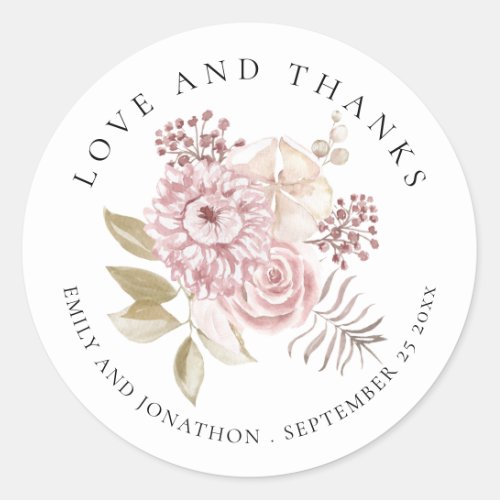 Dusty Pink Florals Thank You Names Date Wedding  Classic Round Sticker