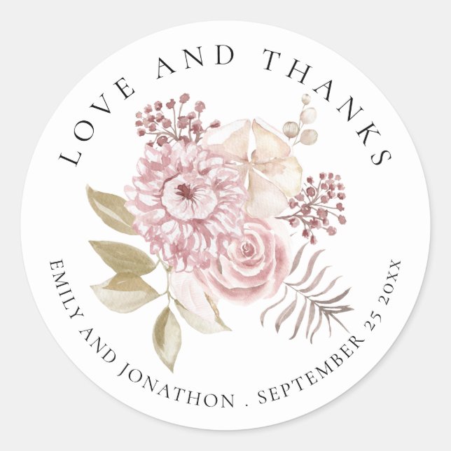 Dusty Pink Florals Thank You Names Date Wedding  Classic Round Sticker (Front)