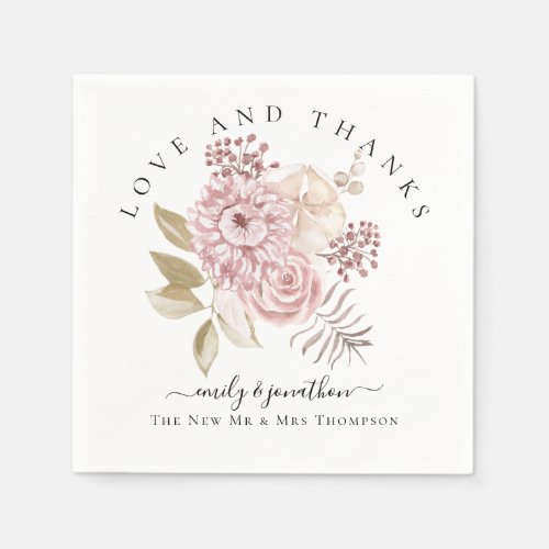 Dusty Pink Florals Thank You Names Wedding Napkins