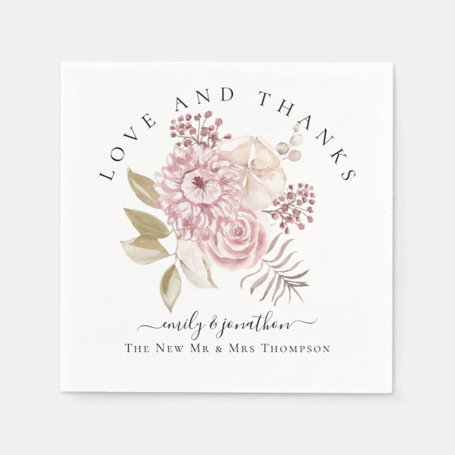 Dusty Pink Florals Thank You Names Wedding Napkins (Front)