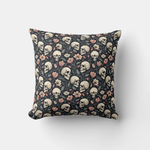 Dusty Pink Flowers and Skulls Throw Pillow