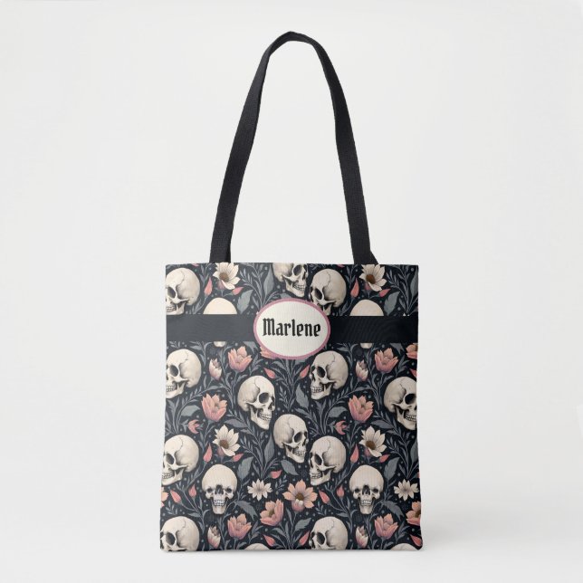 Dusty Pink Flowers and Skulls Tote Bag (Front)