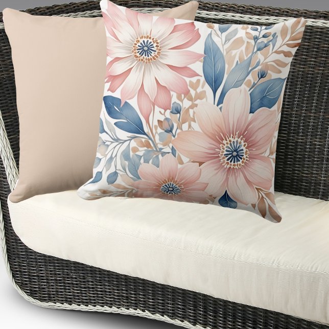 Dusty Pink Flowers Blue Beige Boho Floral Throw Pillow (Creator Uploaded)