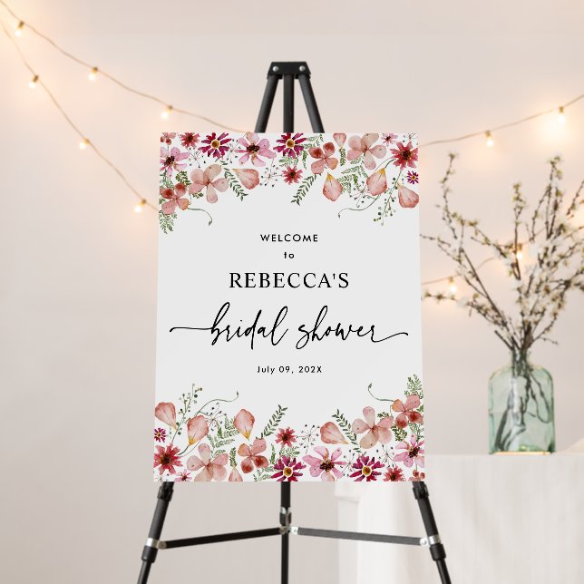 Dusty Pink Flowers Bridal Shower Welcome Sign (In Situ (Stand))