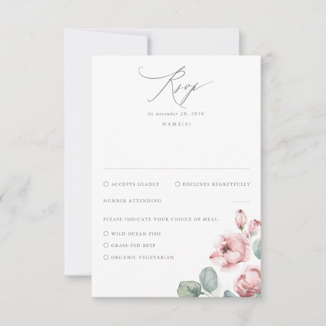 Dusty Pink Flowers Elegant Dreamy Wedding RSVP (Front)