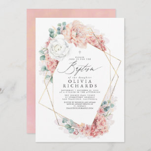 Dusty Pink Flowers Elegant Girls Baptism Invitatio Invitation