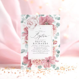 Dusty Pink Flowers Elegant Girls Baptism Invitation