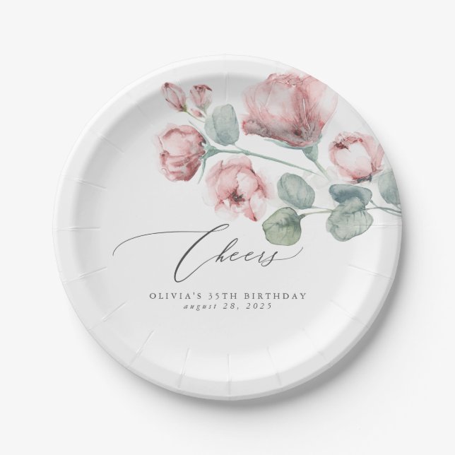 Dusty Pink Flowers Elegant Romantic Paper Plates (Front)
