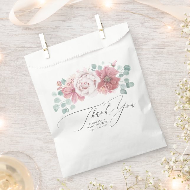 Dusty Pink Flowers Elegant Script Thank You Favor Bag (Clipped)