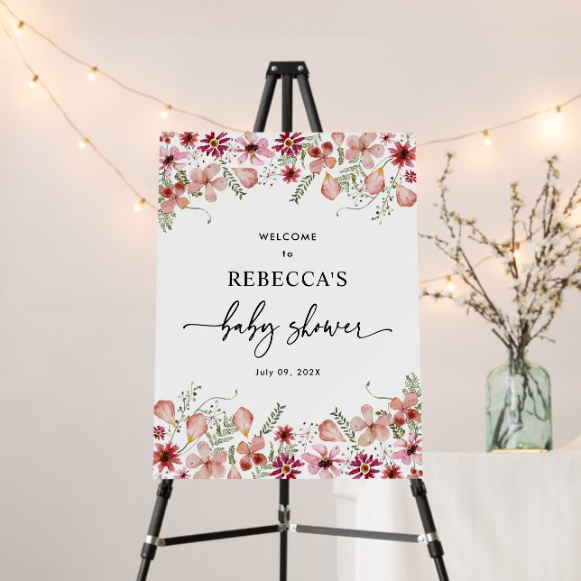 Dusty Pink Flowers Girl Baby Shower Welcome Sign (In Situ (Stand))