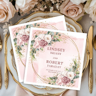 Dusty Pink Flowers Gold Glitter Eucalyptus Wedding Napkins