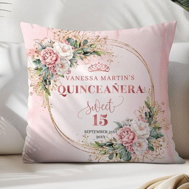 Dusty Pink Flowers Greenery Perfect Gift 15th Bday Throw Pillow (Dusty Pink Flowers Greenery Perfect Gift 15th Pillow)
