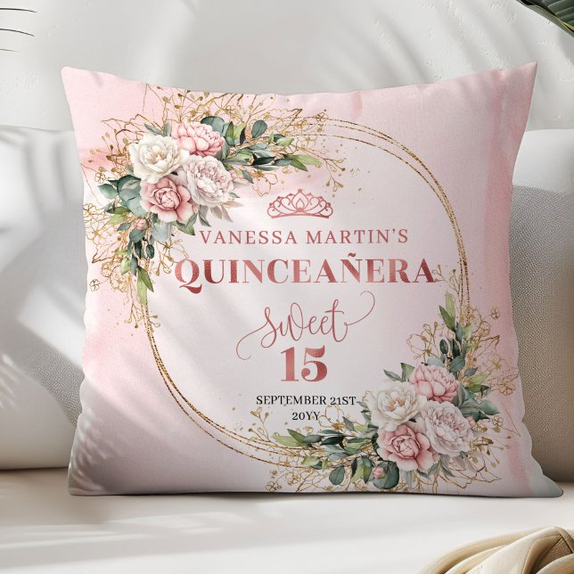 Dusty Pink Flowers Greenery Sweet 15 Decorative  Throw Pillow (Dusty Pink Flowers Greenery Sweet 15 Decorative Pillow)